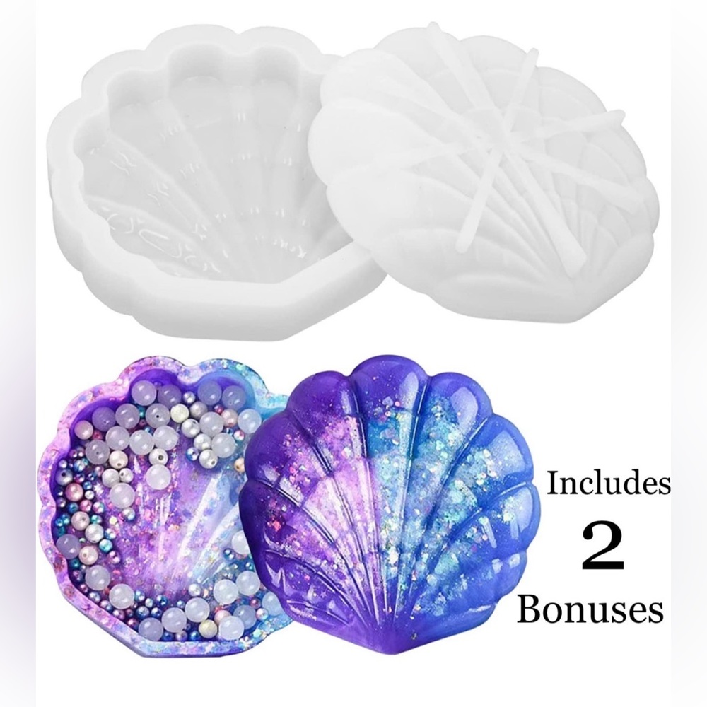 NEW 2pc SEASHELL SILICONE MOLDS SET W 2 BONUS GIFT PACKS RESIN DIY SHELL CRAFT